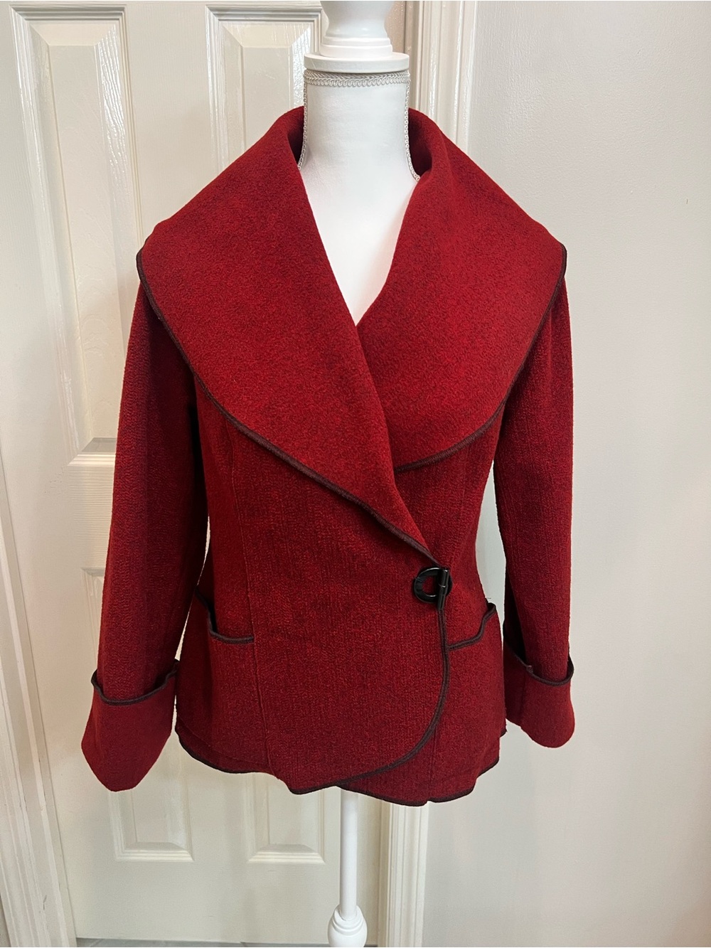 Janska Burgundy Wrap Jacket Shawl Collar Asymmetrical Fleece USA Made Artsy
